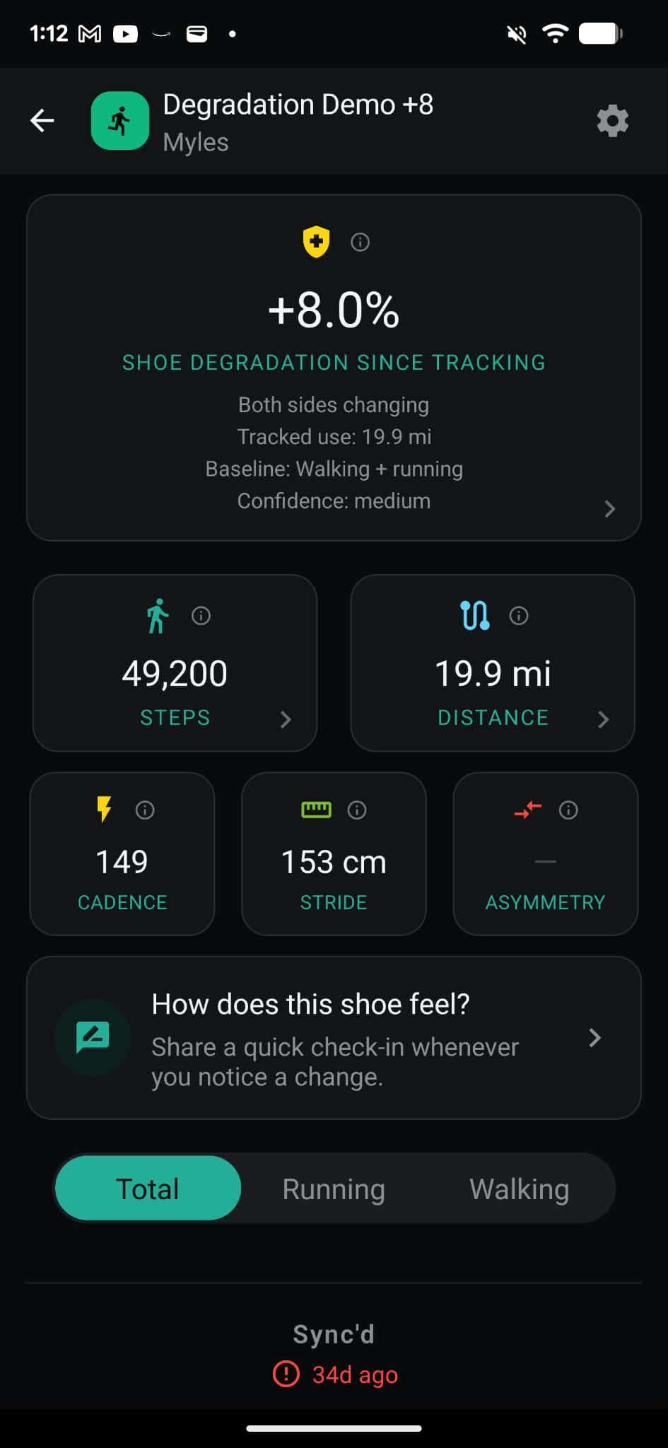 The mylz app per-shoe view: +8.0% shoe degradation since tracking, with steps, distance, cadence and stride for that pair