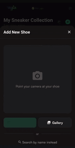 Pointing the camera at a shoe to identify it in the app