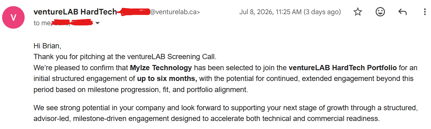 Acceptance email from ventureLAB confirming Mylz joined the HardTech Portfolio