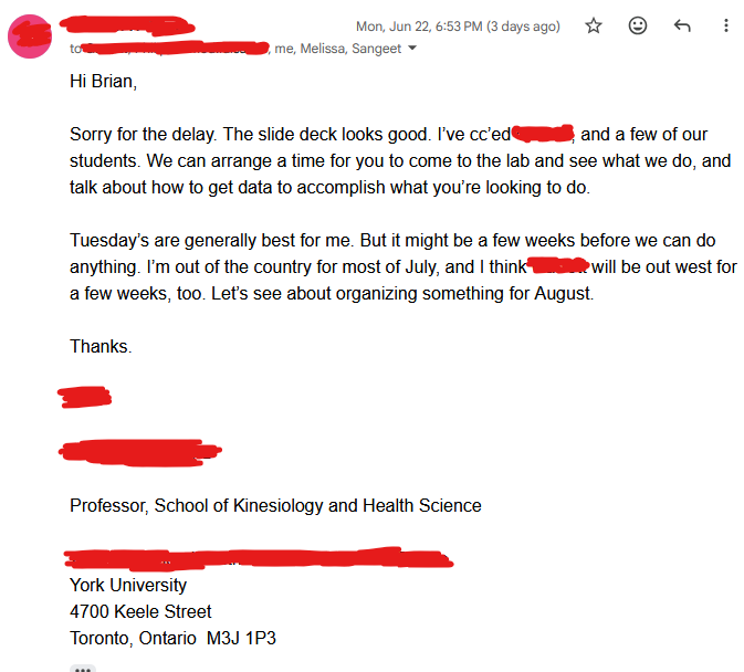 Email from a York University kinesiology professor inviting us to their lab in August